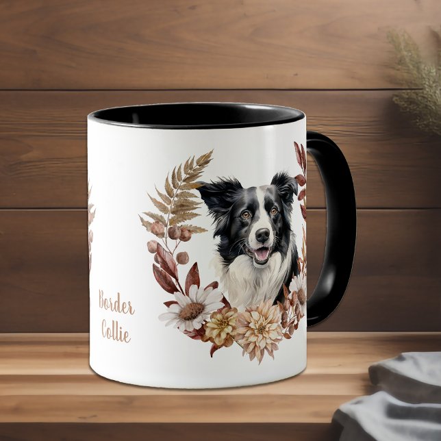 Black White Border Collie Dog Autumn Wreath Mug (Creator Uploaded)