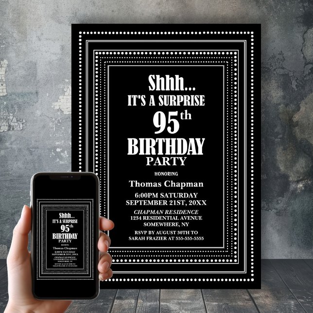 Black White Border Surprise 95th Birthday Party Invitation (Creator Uploaded)