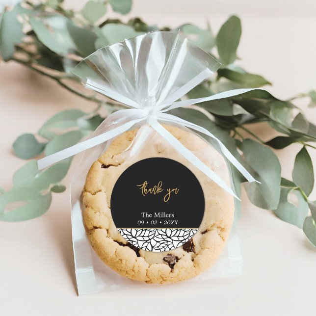 Black & White Botanical Family Name Date Thank You Classic Round Sticker (Black & White Botanical Family Name Date Thank You Classic Round Sticker)