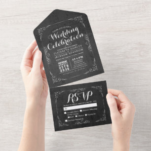 Black & White Botanical Floral Frame Wedding RSVP All In One Invitation