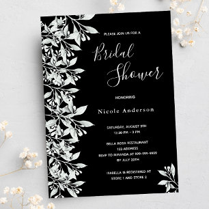 Black white botanical foliage script Bridal Shower Invitation