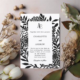 Black white botanical modern monogram wedding invitation