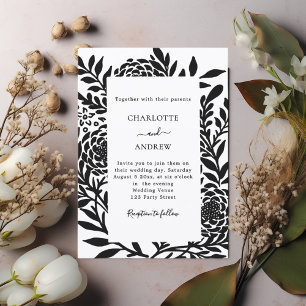 Black white botanical modern wedding invitation