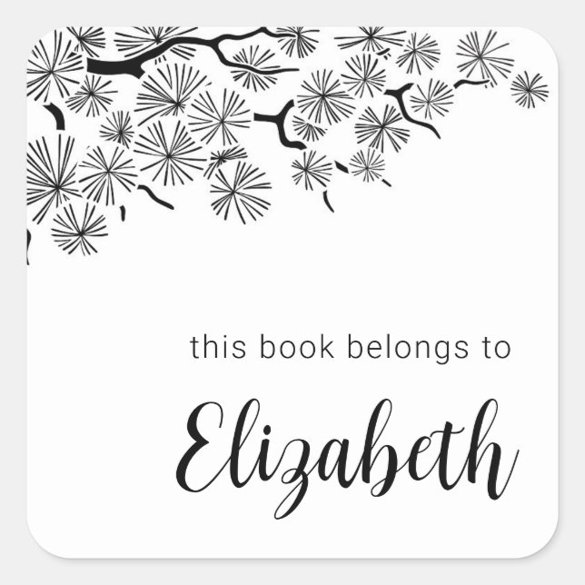 Black White Botanical Pine Branch Bookplate Square Sticker (Front)
