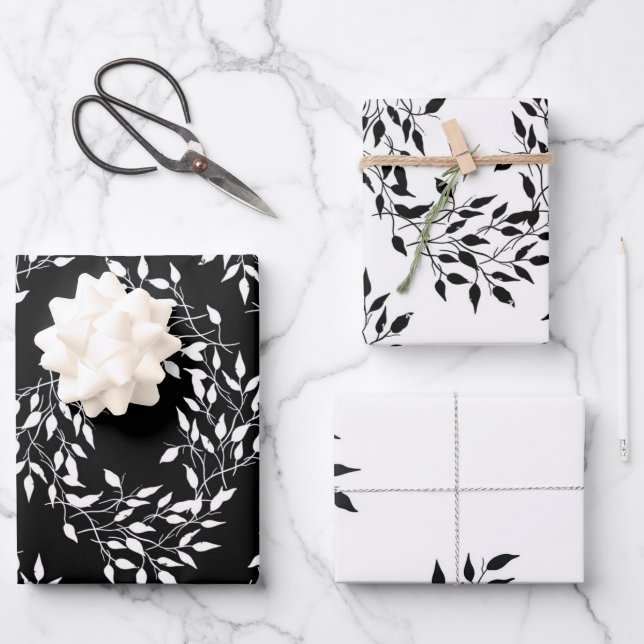 Black white botanical print wrapping paper sheet (Front)