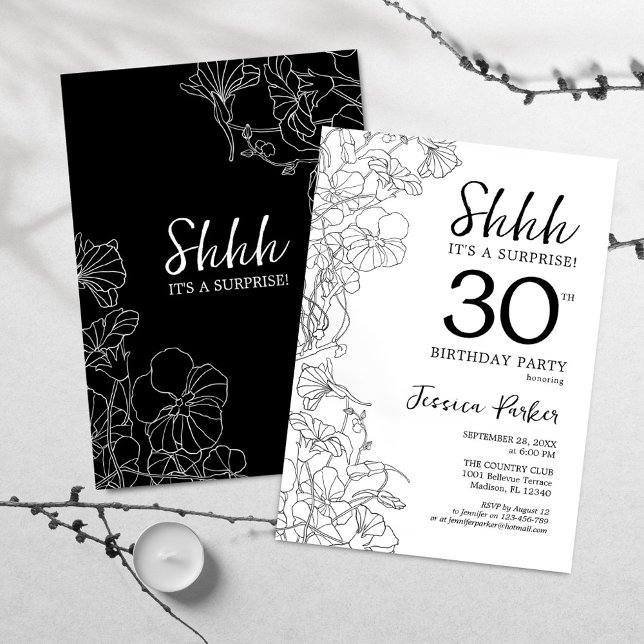 Black White Botanical Surprise 30th Birthday Invitation (Creator Uploaded)