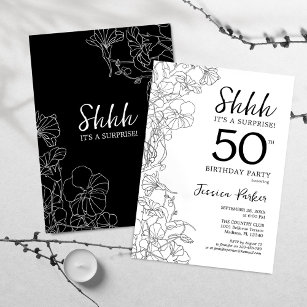 Black White Botanical Surprise 50th Birthday Invitation