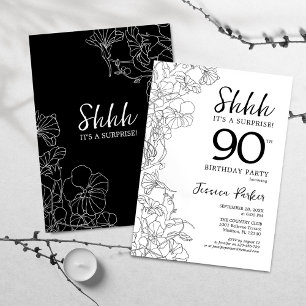 Black White Botanical Surprise 90th Birthday Invitation
