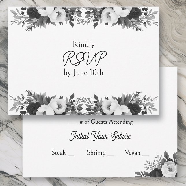 Black & White Botanical Wedding RSVP and Meals Card (Creator Uploaded)