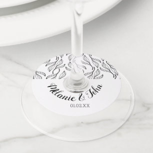 Black White Botannical Leaves Floral - Couple Name Wine Glass Tag