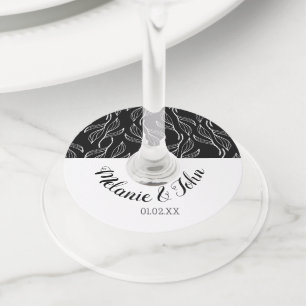 Black White Botannical Leaves Floral - Couple Name Wine Glass Tag