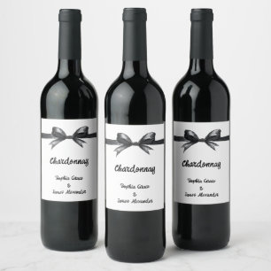 Black & White Bow Elegant Wedding Monochrome Wine Label