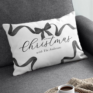 Black White Bow Family Christmas Lumbar Cushion