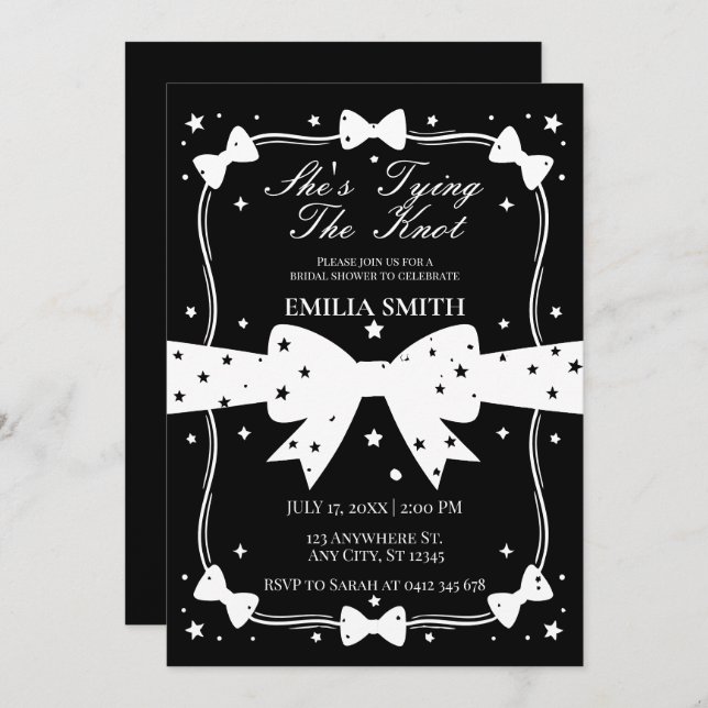 black white Bow She's Tying the Knot Bridal Shower Invitation (Front/Back)
