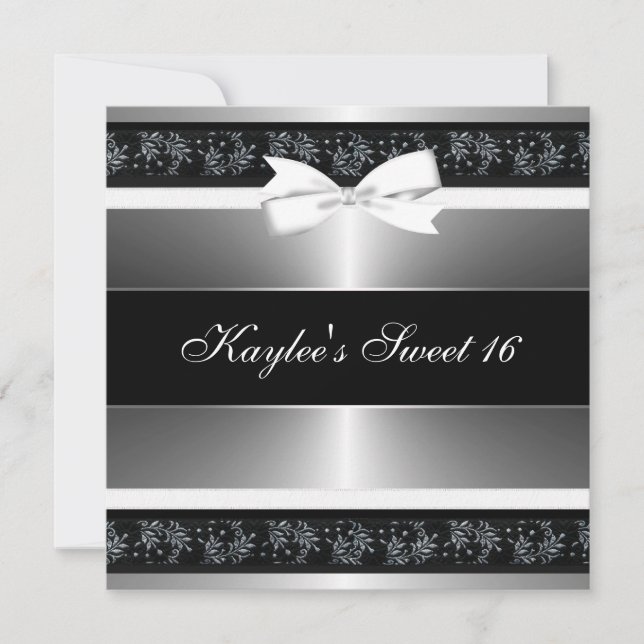 Black White Bow Silver Sweet Sixteen Birthday Invitation (Front)