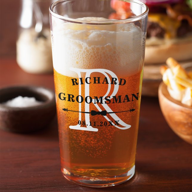 Black White Bow Tie Monogram Groomsman Wedding Glass (Creator Uploaded)