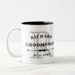Black White Bow Tie Monogram Groomsman Wedding Two-Tone Coffee Mug<br><div class="desc">Coffee mug for your groomsmen where you can personalize the mug with your groomsman's name and the date in black atop their initial in gray with a bow tie divider.</div>
