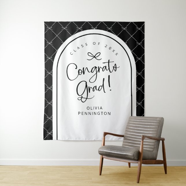 Black White Bows Congrats Grad Photo Backdrop Tapestry (In Situ)