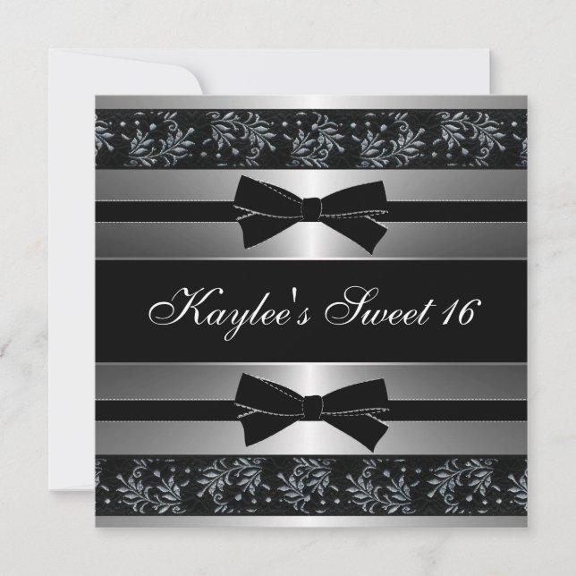 Black White Bows Sweet Sixteen Birthday Invitation (Front)