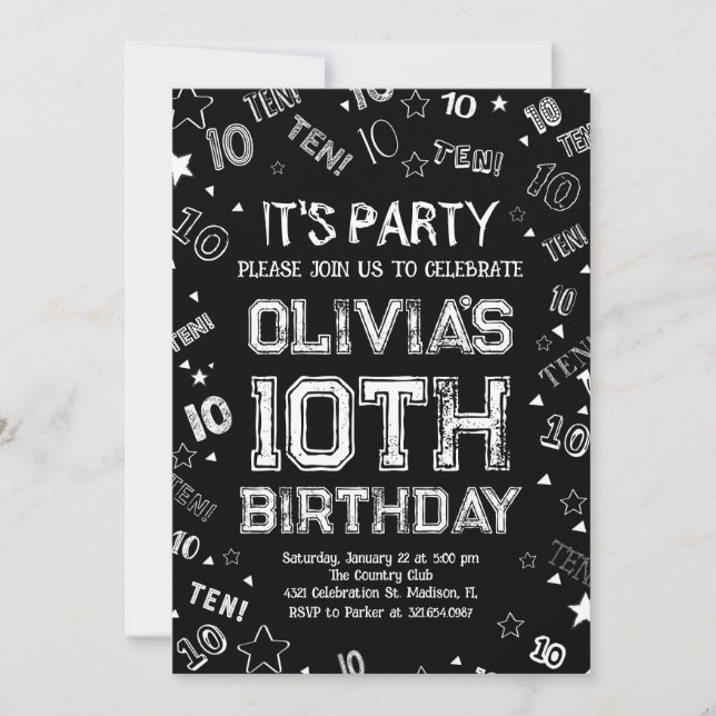 Black White Boy Number Ten Birthday Party Invitation (Front)