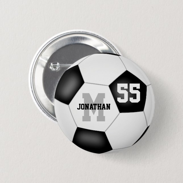 black white boys girls soccer personalised 6 cm round badge (Front & Back)