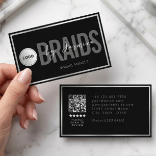Black & White Braiding Salon QR Code Logo Braider Business Card