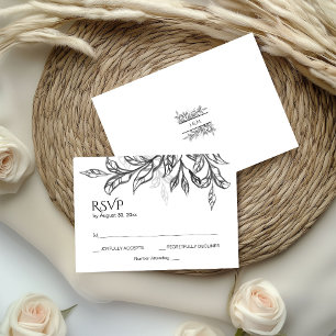 Black & White Branch & Leaves w Monogram RSVP Enclosure Card