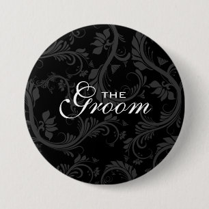 Black white "Bridal party" floral 7.5 Cm Round Badge
