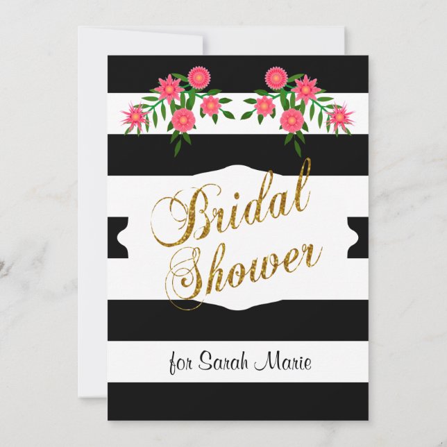 Black & White Bridal Shower | Pink Flowers Invitation (Back)
