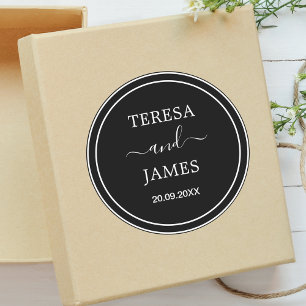 Black & White Bride Groom Name Date Wedding Favour Classic Round Sticker