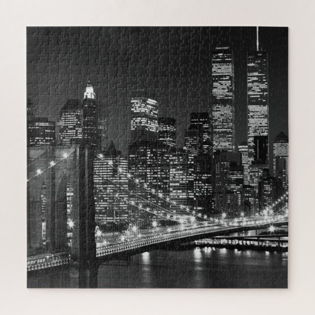 Black White Brooklyn Bridge New York Night Jigsaw Puzzle (Vertical)