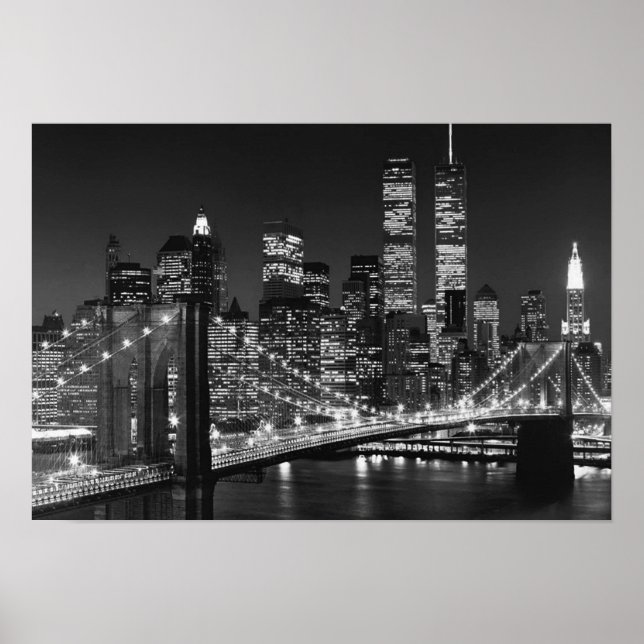 Black White Brooklyn Bridge New York Night Poster (Front)