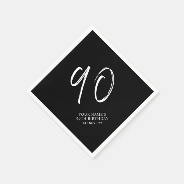 Black & White | Brush Script 90th Birthday Party  Napkin (Corner)