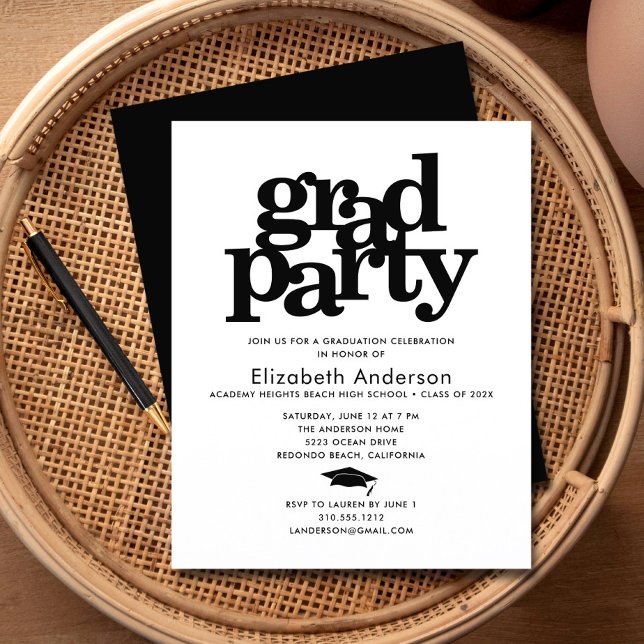 Black white budget grad cap modern party invite (Creator Uploaded)