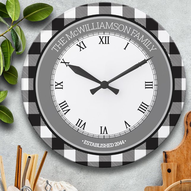 Black/White Buffalo Check Family Name Large Clock (Creator Uploaded)