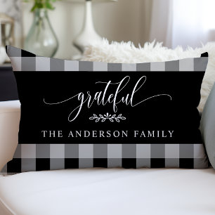 Black & White Buffalo Check Grateful Personalised Lumbar Cushion