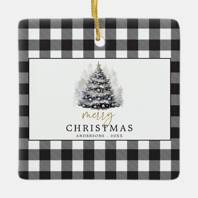 Black White Buffalo Check Plaid Merry Christmas Ceramic Ornament (Front)