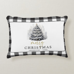 Black White Buffalo Check Plaid Merry Christmas Decorative Cushion