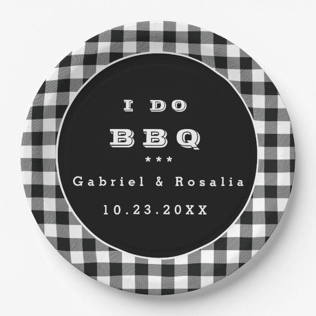 Black White Buffalo Checks I Do BBQ Engagement  Paper Plate (Front)