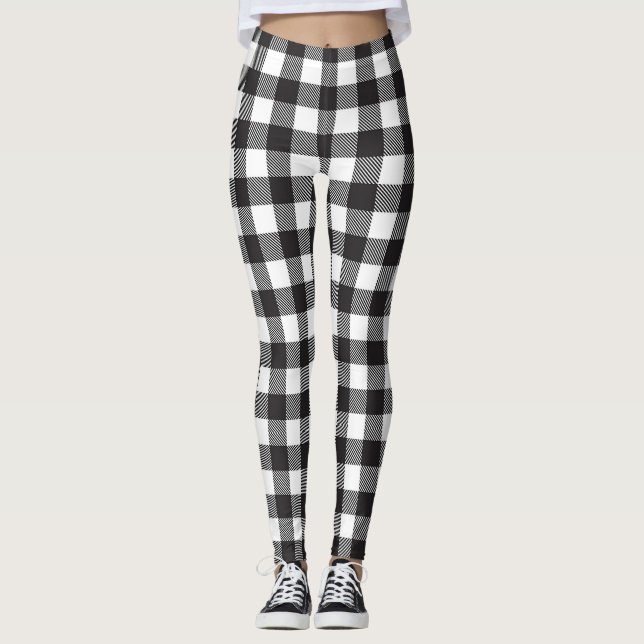 Black &White Buffalo Gingham Check Plaid Holiday   Leggings (Front)