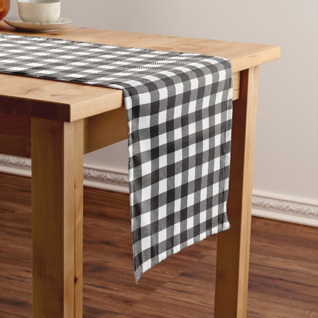 Black White Buffalo Gingham Check Plaid Holiday   Long Table Runner (In Situ)
