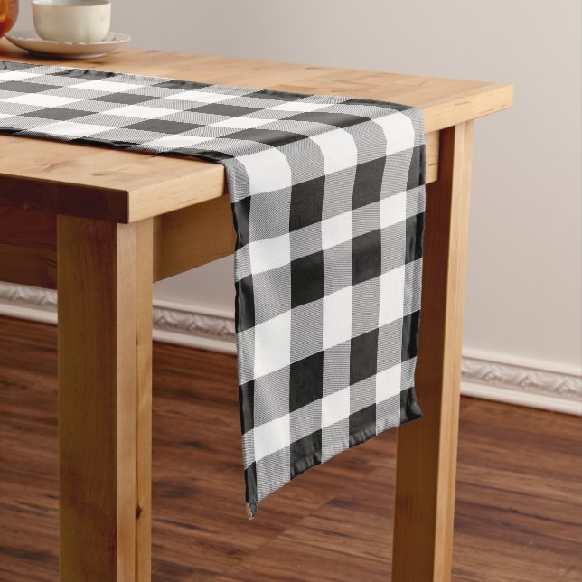 Black White Buffalo Gingham Check Plaid Holiday   Long Table Runner (In Situ)
