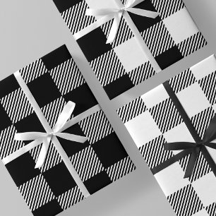 Black & White Buffalo Plaid, Checkers & Stripes Wrapping Paper Sheet