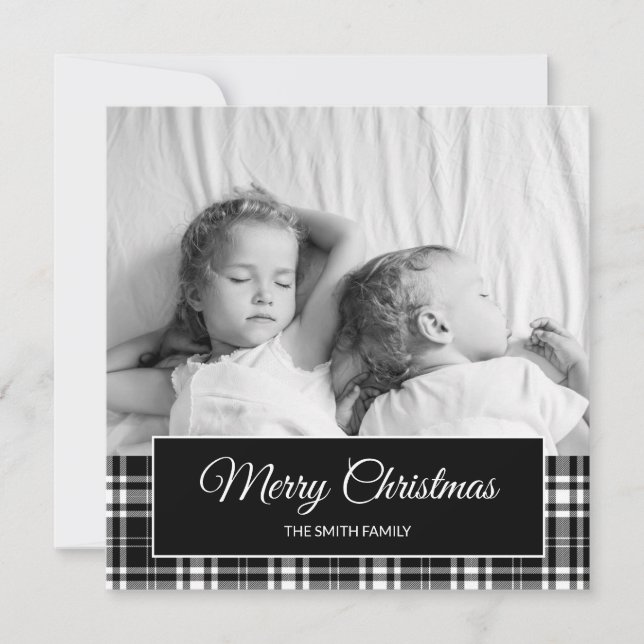 Black White Buffalo Plaid Christmas Holiday Photo Card (Front)