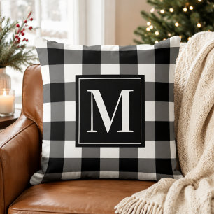 Black White Buffalo Plaid Christmas Monogram Cushion