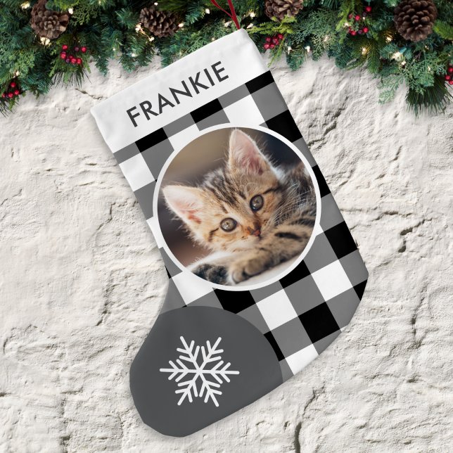 Black & White Buffalo Plaid Custom Photo and Name Small Christmas Stocking (A rustic Christmas stocking with custom cat photo and name, with black and white buffalo plaid)