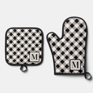 Black White Buffalo Plaid Gingham Monogram Cute  Oven Mitt & Pot Holder Set
