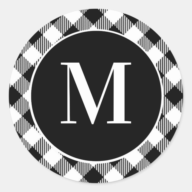 Black & White Buffalo Plaid Initial Monogram Classic Round Sticker (Front)