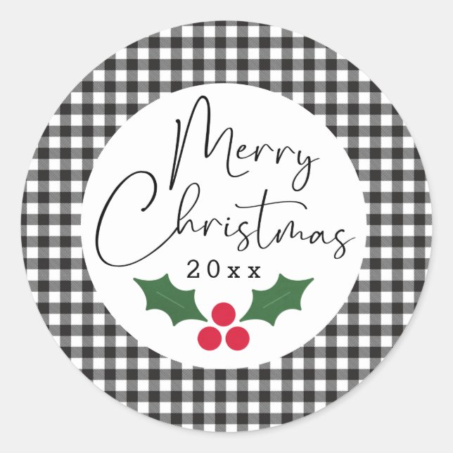 Black White Buffalo Plaid Merry Christmas Classic Round Sticker (Front)