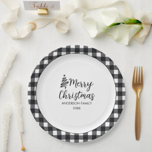 Black & White Buffalo Plaid Minimalist Christmas  Paper Plate